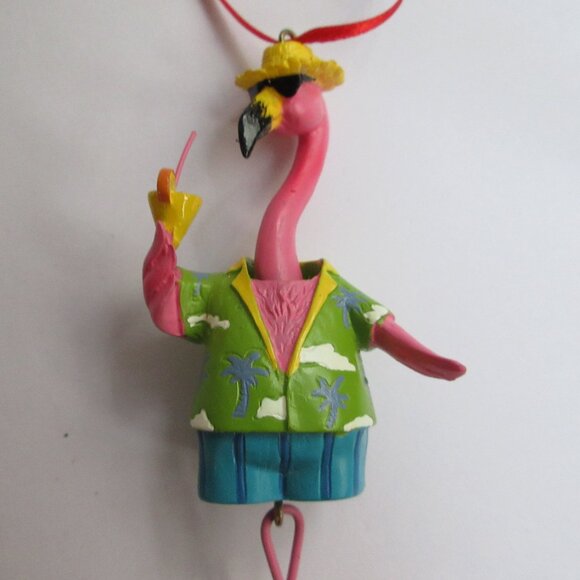 Pink Flamingo with Cocktail Christmas Ornament Dangle Legs 7" Beach Tropical - Picture 2 of 13